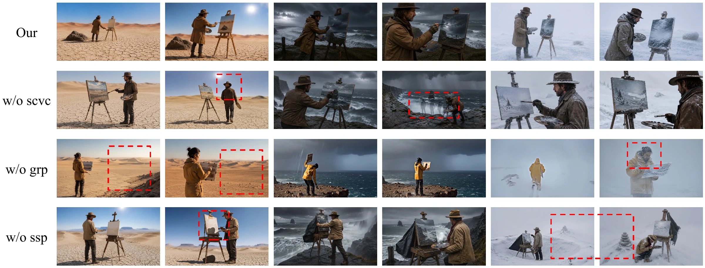 Painter-story ablation comparing full StoryEngine with versions lacking continuity and repair, grounded rendering, or story-state propagation; dashed boxes mark failures.